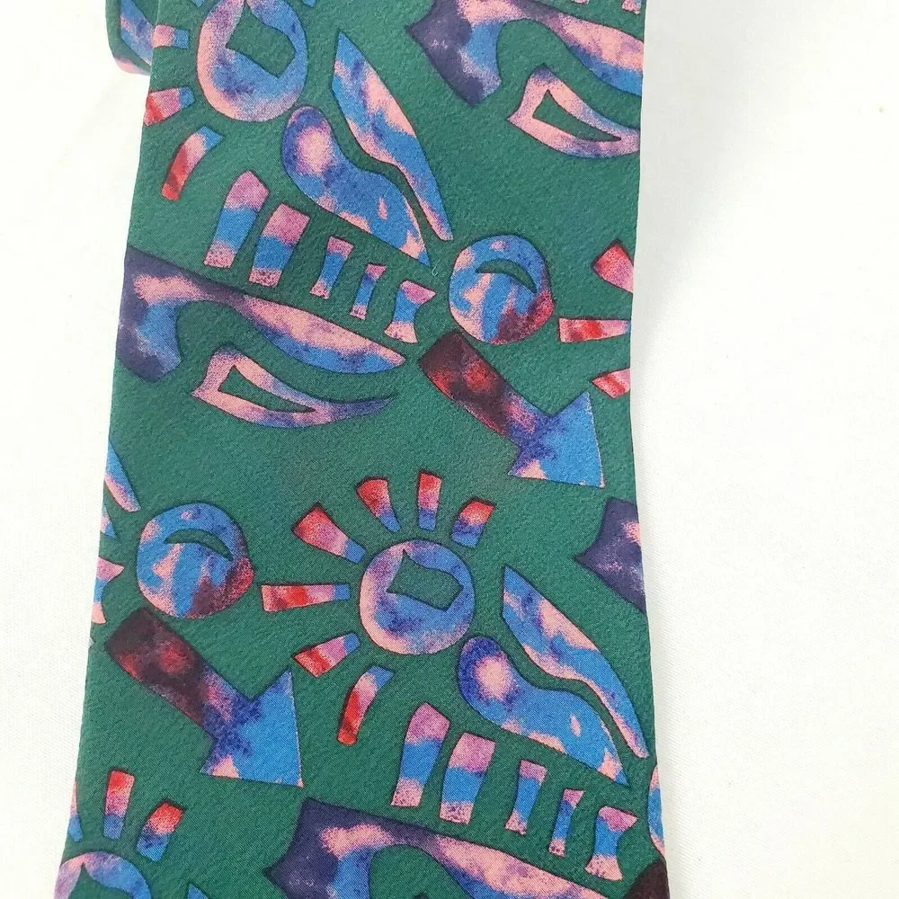 J Garcia‎ Men's Green Blue Abstract Silk Airbrush Necktie